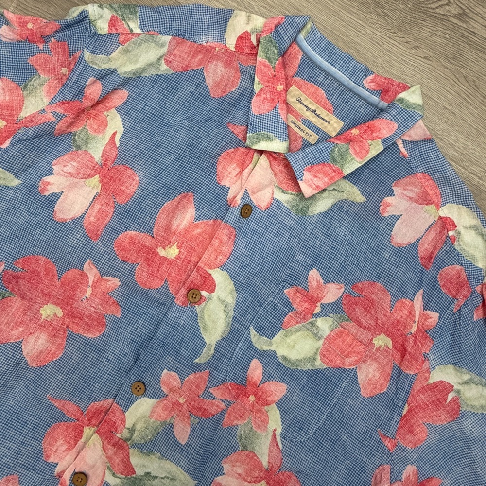 Tommy Bahama Shirt Mens 2XL Blue Pink Floral Linen Short Sleeve Original Fit